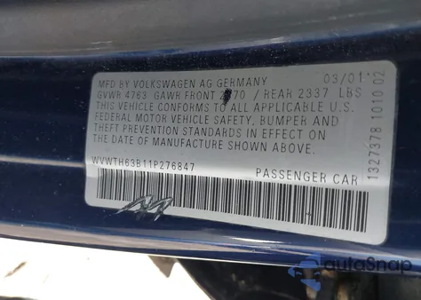 2001 Volkswagen Passat Glx из США, поврежденный, VIN WVWTH63B11P276847